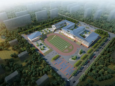 Modern School Building Complex With Football Field And Open Square Surrounded By Lush Trees 3d model