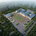 Modern School Building Complex With Football Field And Open Square Surrounded By Lush Trees