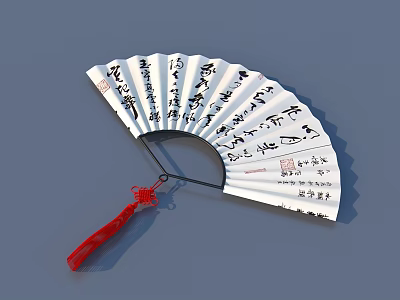 Traditional Chinese Folding Fan As Household Item With White Surface Black Calligraphy And Red Tassel 3d model