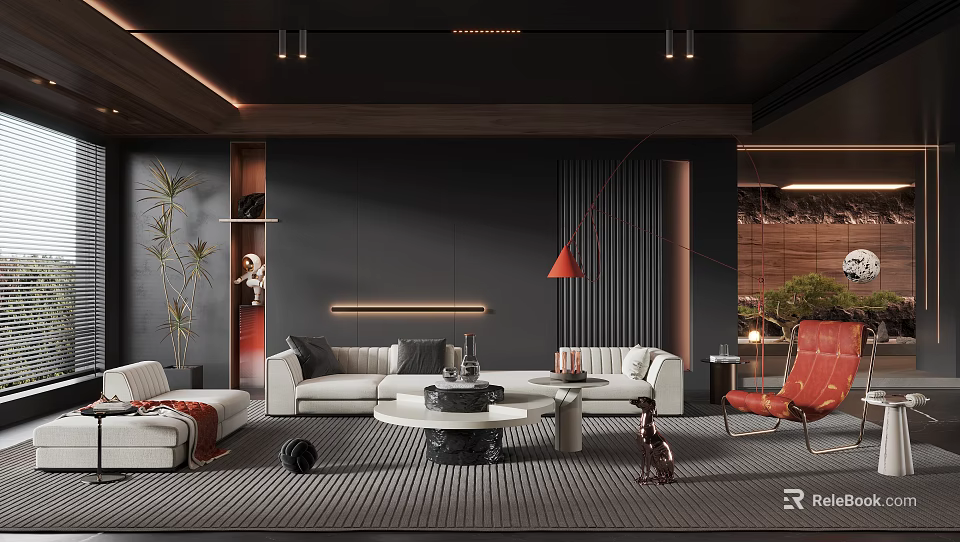 Modern Living Room Interior Design With Dark Walls White Sofa Red Chair And Pendant Lights 3d model 