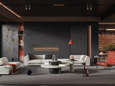 Modern Living Room Interior Design With Dark Walls White Sofa Red Chair And Pendant Lights 3d model