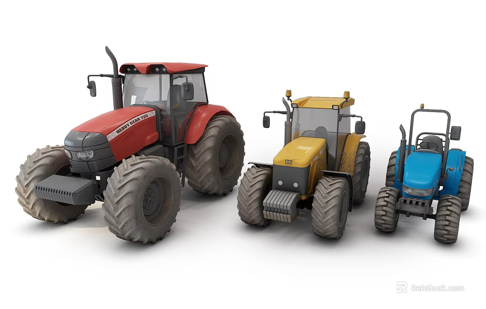 Different Colored Agricultural Tractors For Farm Work And Land Cultivation 3d model 