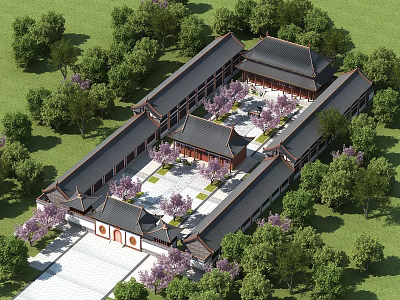 Traditional Chinese Ancient Architecture Courtyard with Sloped Roofs Surrounded by Green Trees and Cherry Blossoms 3d model