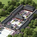 Traditional Chinese Ancient Architecture Courtyard with Sloped Roofs Surrounded by Green Trees and Cherry Blossoms