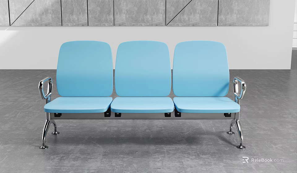 Modern Three Seat Public Chair With Blue Upholstery And Metal Frame 3d model 