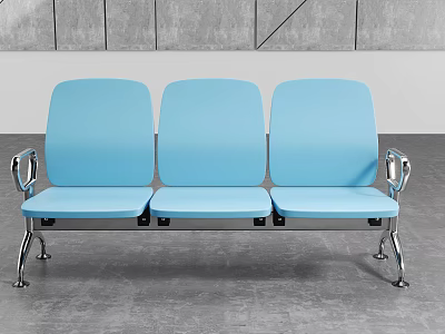 Modern Three Seat Public Chair With Blue Upholstery And Metal Frame 3d model