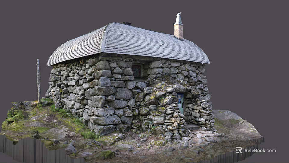Ancient Stone Building Traditional Gray Roof And Chimney Rustic Stone Walls Surrounding Grass Area 3d model 