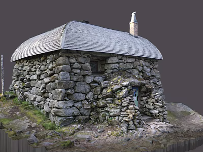 Ancient Stone Building Traditional Gray Roof And Chimney Rustic Stone Walls Surrounding Grass Area 3d model