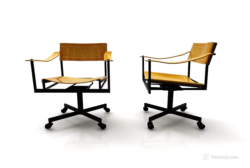 Two Modern Leisure Chairs With Black Metal Frame Wooden Backrest And Wheels 3d model 