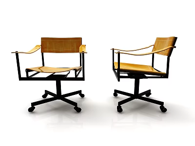 Two Modern Leisure Chairs With Black Metal Frame Wooden Backrest And Wheels 3d model
