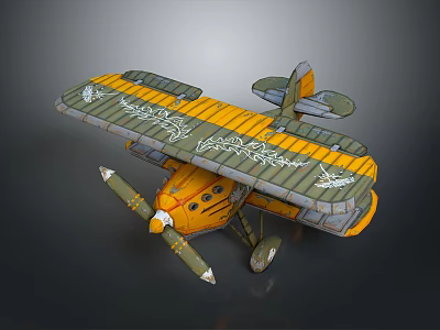 Aerospace Vintage Biplane Model In Yellow Green With Decorative Patterns And Twin Propellers 3d model