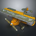 Aerospace Vintage Biplane Model In Yellow Green With Decorative Patterns And Twin Propellers