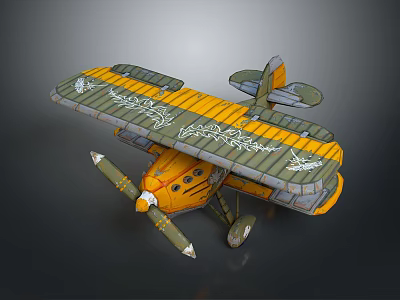 Retro style biplane yellow biplane wooden deck retro plane striped wing blue background propeller flying machine game scene 3d model