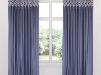 Elegant Gray And Navy Curtains With Decorative Top Border For Living Room Windows 3d model
