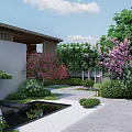 Courtyard Garden Entrance With Black Gateway Stone Pathway Green Shrubs And Circular Lights