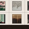 Abstract Paintings Display On Interior Wall With Diverse Styles And Herringbone Wooden Floor Accent Chair