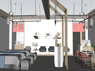 Modern Beauty Hair Salon Interior Design With Stylish Chairs Treatment Beds And Pendant Lights 3d model