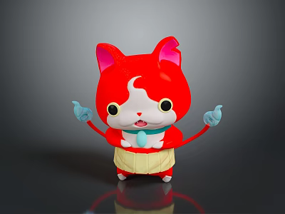 Red and White Cat with Yellow Apron Raised Hands Smiling Cartoon on Dark Background 3d model