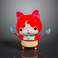 Red and White Cat with Yellow Apron Raised Hands Smiling Cartoon on Dark Background