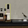 Premium Whiskey Bottles and Crystal Glasses on Black Marble Countertop with Metal Tray