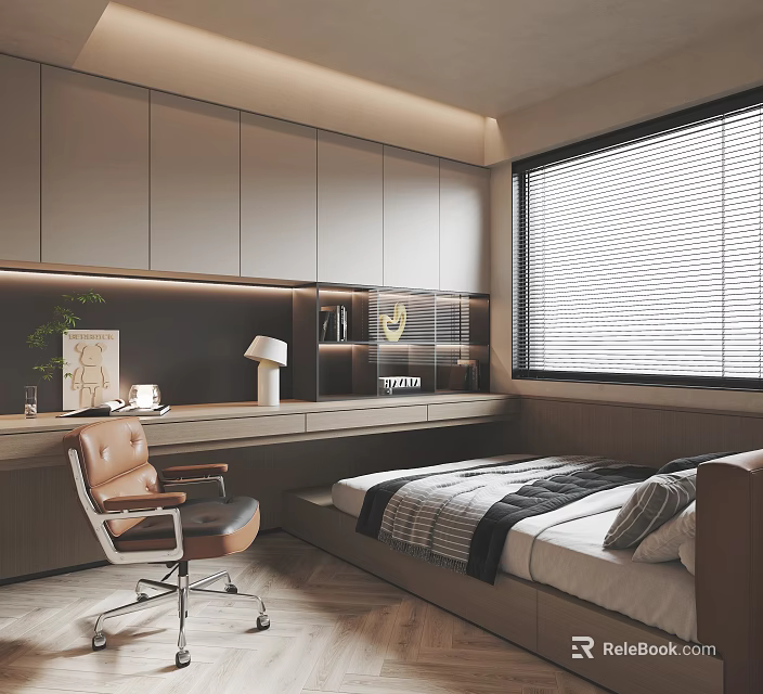 Modern Tatami Bedroom Interior With Built-in Cabinets Window Blinds Desk Chair 3d model 