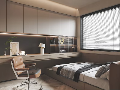 Modern Tatami Bedroom Interior With Built-in Cabinets Window Blinds Desk Chair 3d model