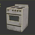 Old White Kitchen Stove with Rusty Burners Worn Knobs and Aged Oven Door