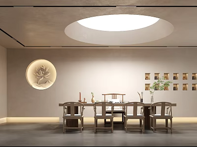 Traditional Tea Room Interior With Wooden Table Chairs Circular Skylight And Lotus Wall Decor 3d model