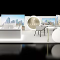 Modern Minimalist White Display Shelves With Building Models Table Chair And Green Plant