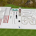 Park Landscape Design with Winding Tracks Fitness Equipment Rest Areas and Green Lawns