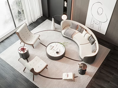 Modern Curved Sofa and Round Coffee Table Set in Modern Living Room with Armchairs and Artwork 3d model