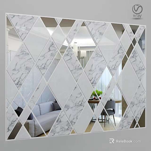 Marble And Mirror Wall Design With Diamond Pattern Showcasing Living Room And Dining Area Reflections 3d model 