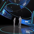 Modern Tech Exhibition Installation With Curved Structure Blue Lighting Screens And Silhouette Figures