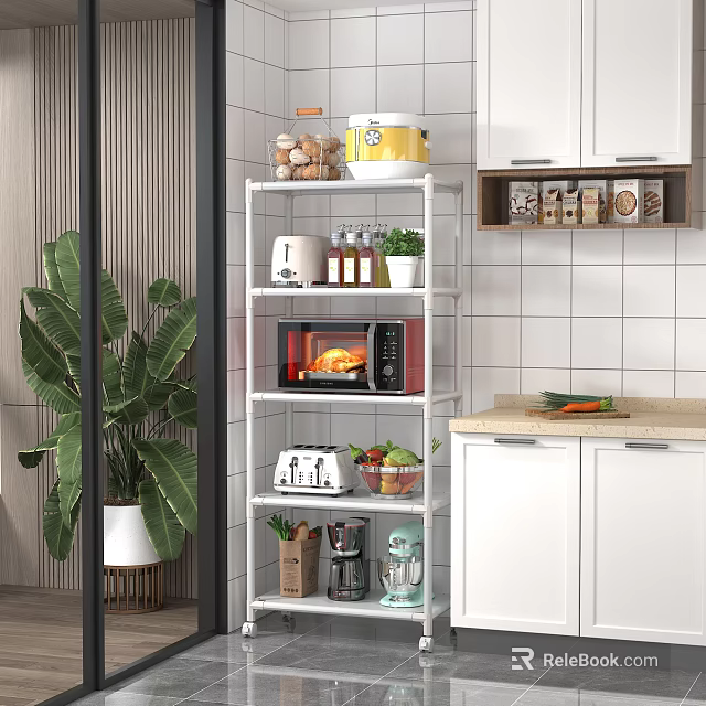Modern Kitchen Storage Shelf with Microwave Toaster Coffee Maker Jars and Plants 3d model 