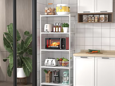 Modern Kitchen Storage Shelf with Microwave Toaster Coffee Maker Jars and Plants 3d model