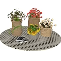 Decorative Woven Vases With Red Blooms White Daisies Yellow Sunflowers On Black White Tablecloth