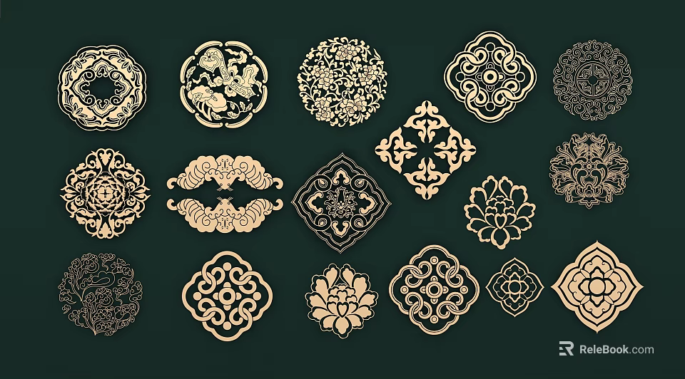Traditional Intricate Carved Wall Decor With Lotus Geometric Patterns And Gold Dark Background 3d model 