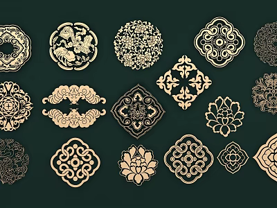 Traditional Intricate Carved Wall Decor With Lotus Geometric Patterns And Gold Dark Background 3d model