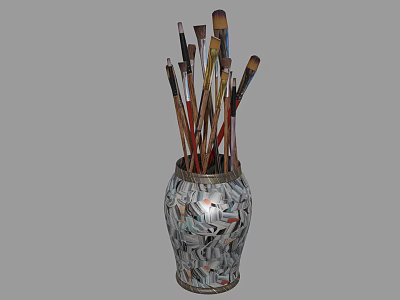 Assorted Art Paintbrushes Stored in Decorative Vase With Newspaper Pattern Design 3d model