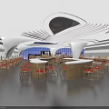 Modern Restaurant Interior With Unique Wave-like Ceiling Red Chairs Bar Counter And Windows
