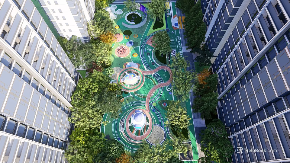 Outdoor Children's Play Area With Green Lawn Play Structures Winding Paths Trees Between Tall Buildings 3d model 