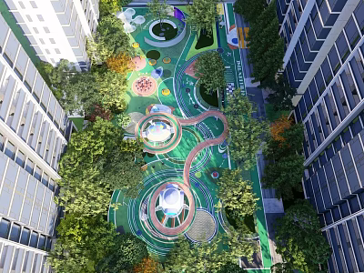 Outdoor Children's Play Area With Green Lawn Play Structures Winding Paths Trees Between Tall Buildings 3d model