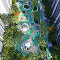 Outdoor Children's Play Area With Green Lawn Play Structures Winding Paths Trees Between Tall Buildings
