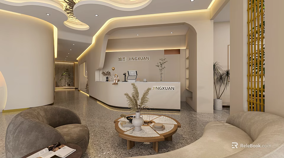 Modern Beauty Hair Salon Interior Design With Reception Desk Comfortable Sofa And Green Plants 3d model 