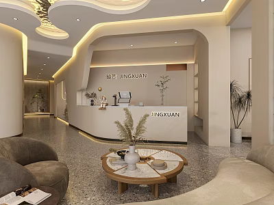 Modern Beauty Hair Salon Interior Design With Reception Desk Comfortable Sofa And Green Plants 3d model