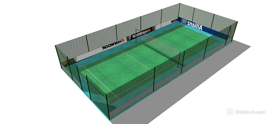 Green Tennis Court With Black Fence Advertising Logos And Fitness Sports Area 3d model 
