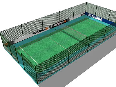 Green Tennis Court With Black Fence Advertising Logos And Fitness Sports Area 3d model