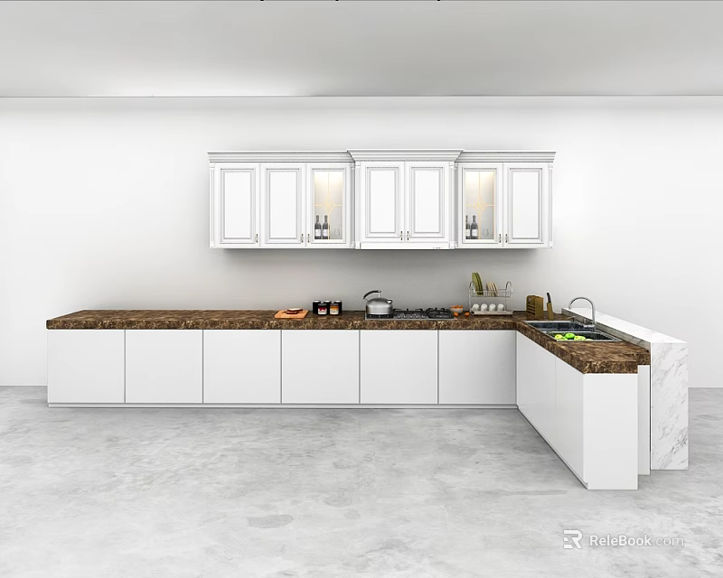 Modern Kitchen Interior With White Cabinets Brown Countertop And Sleek Island Design 3d model 
