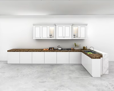 Modern Kitchen Interior With White Cabinets Brown Countertop And Sleek Island Design 3d model