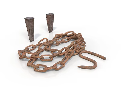 Rusty Metal Chain With Two Conical Stakes Coiled On White Surface 3d model